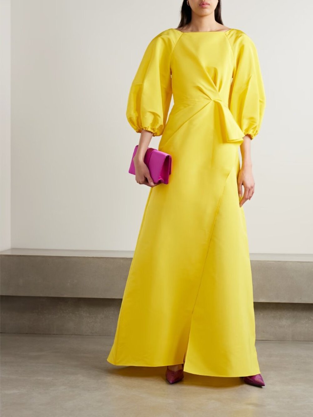 NWT Carolina Herrera Silk Sarong Gown Taxi Cab Yellow Puff Sleeve Maxi Dress Sz - Picture 5 of 13